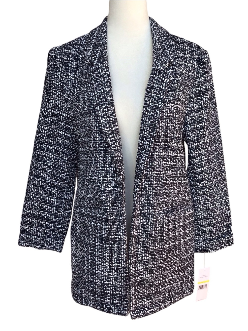 Nanette Lepore Very Black White Tweed Open Front Blazer Size Medium
